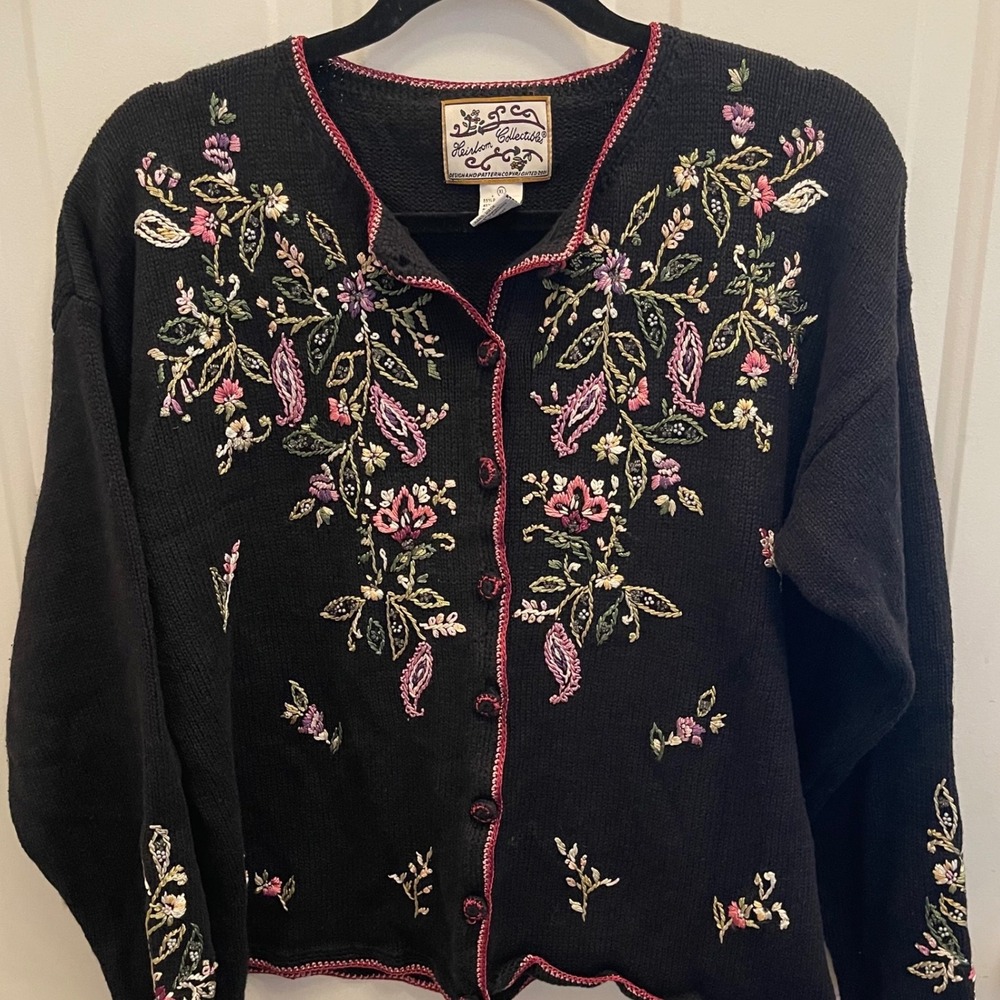 Heirloom Collectibles Vtg Floral Embroidered Cardigan Sweater Black XL Cottage
